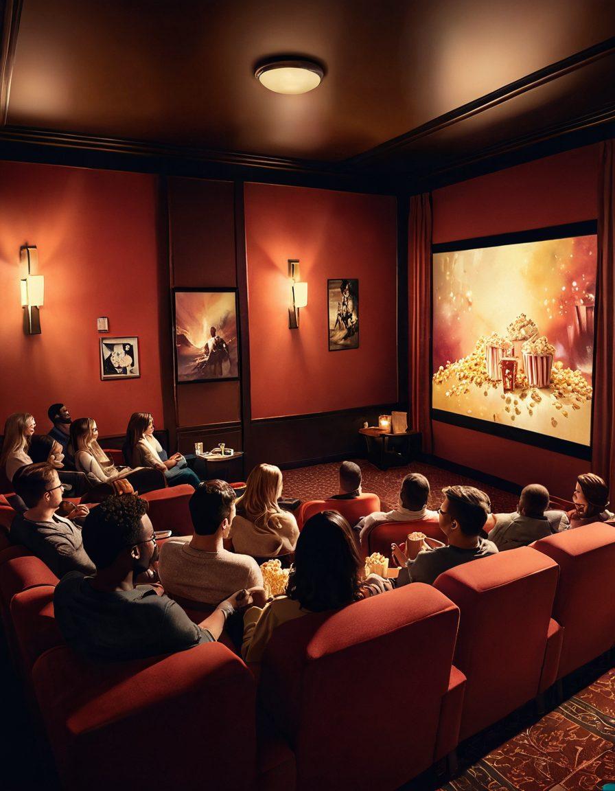 An artistic portrayal of a cozy, inviting movie theater featuring a diverse group of adults enjoying a film night, surrounded by plush seating and soft lighting. Include playful elements, like popcorn and drinks, and a large movie screen showcasing abstract visuals that evoke sensuality and joy. Warm colors and a relaxed atmosphere should dominate the scene, while tasteful art decorates the walls. digital painting. soft focus. warm tones.