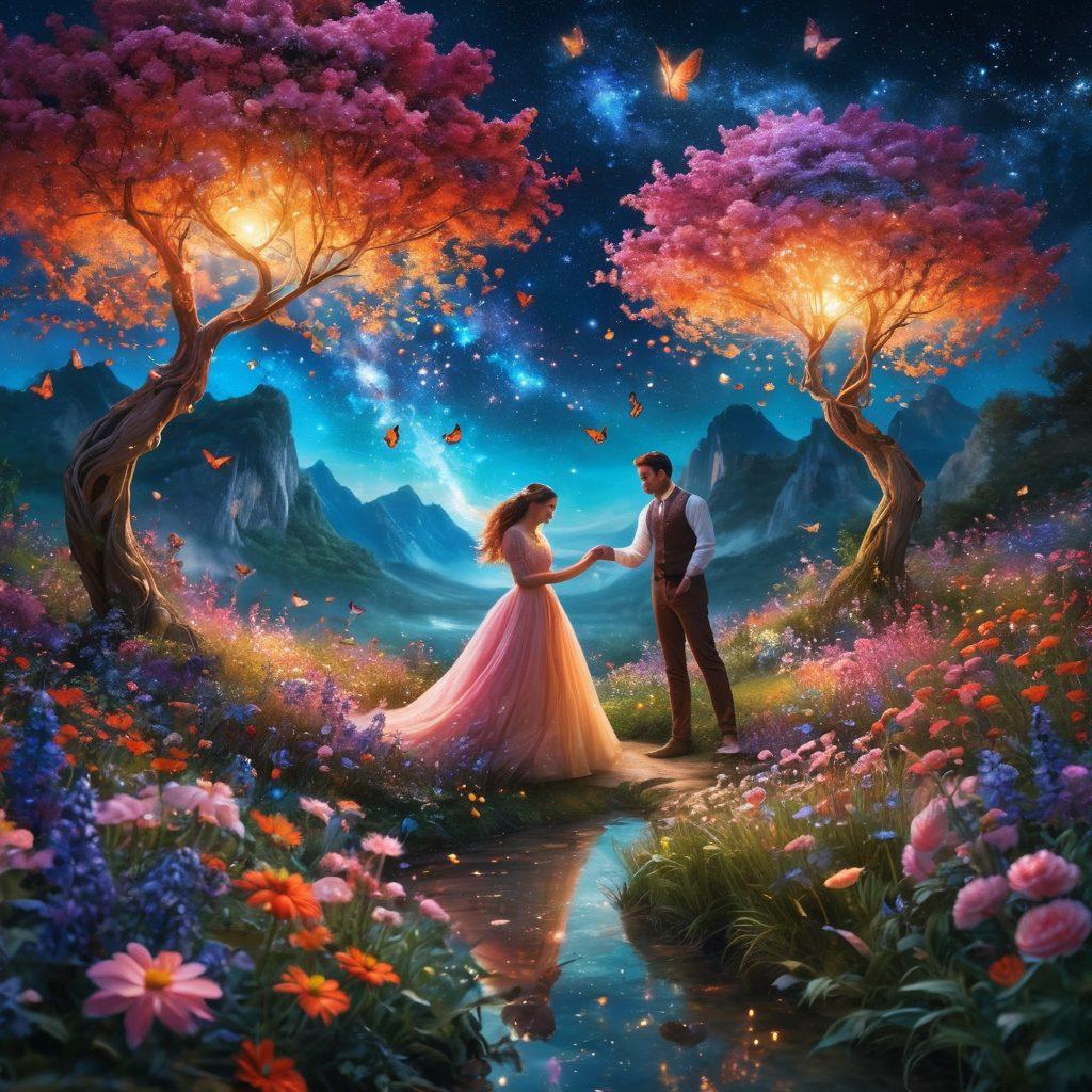 A whimsical, enchanted landscape filled with vibrant colors and soft, ethereal lighting. In the foreground, a couple is playfully exploring their sensual connection amidst blooming flowers and graceful butterflies, encapsulating joy and intimacy. The background features dreamlike elements like swirling stars and glowing orbs, enhancing the fantasy theme. super-realistic. vibrant colors. surreal atmosphere.